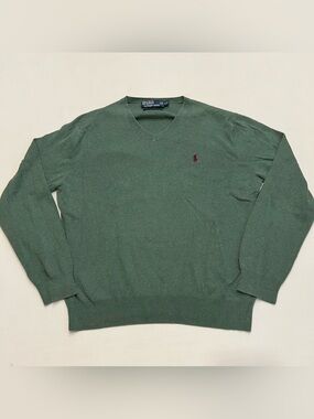 Ralph Lauren Classic Pony Logo Cotton V-Neck Sweater Green Pullover Men's Large